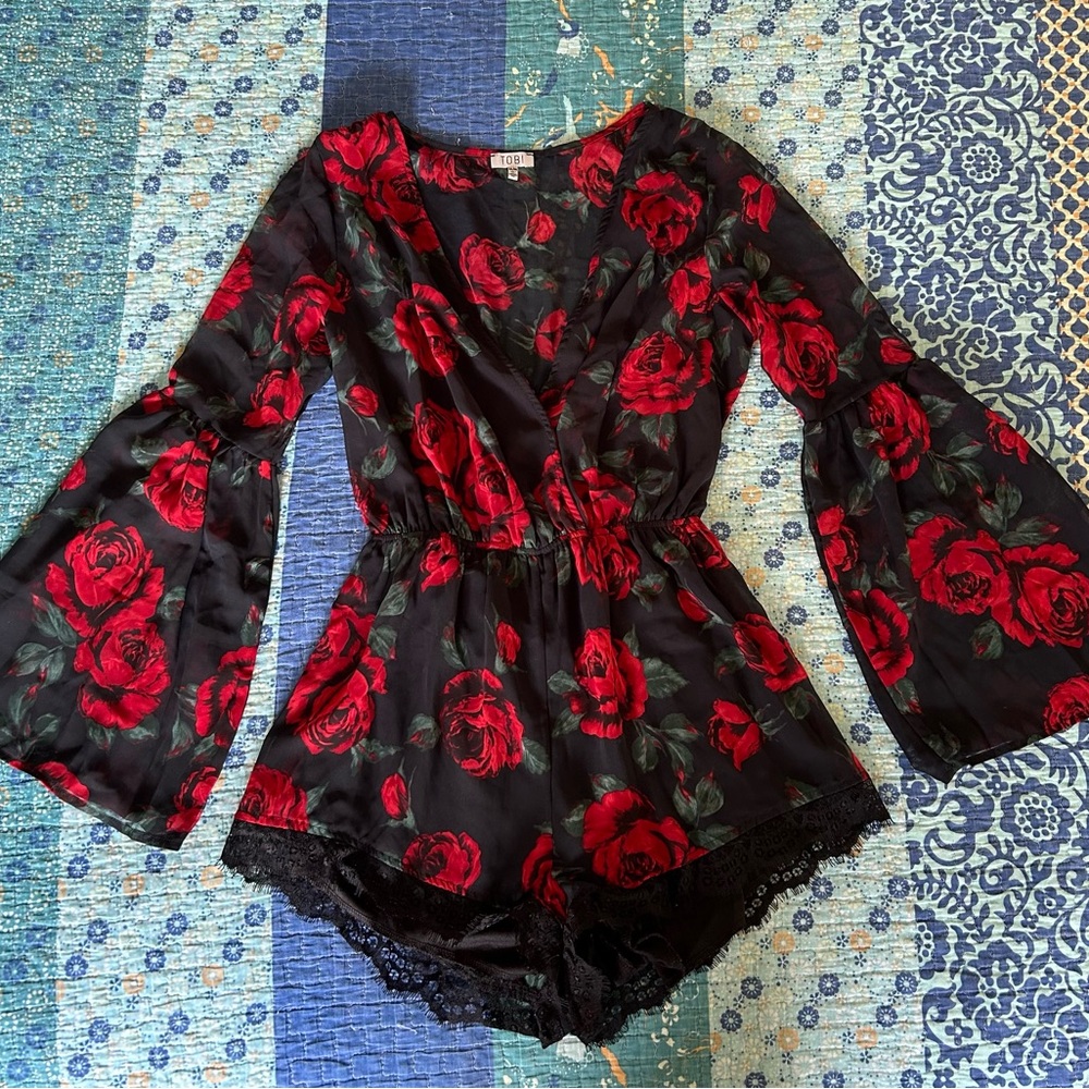 Tobi Black and Red Floral Playsuit